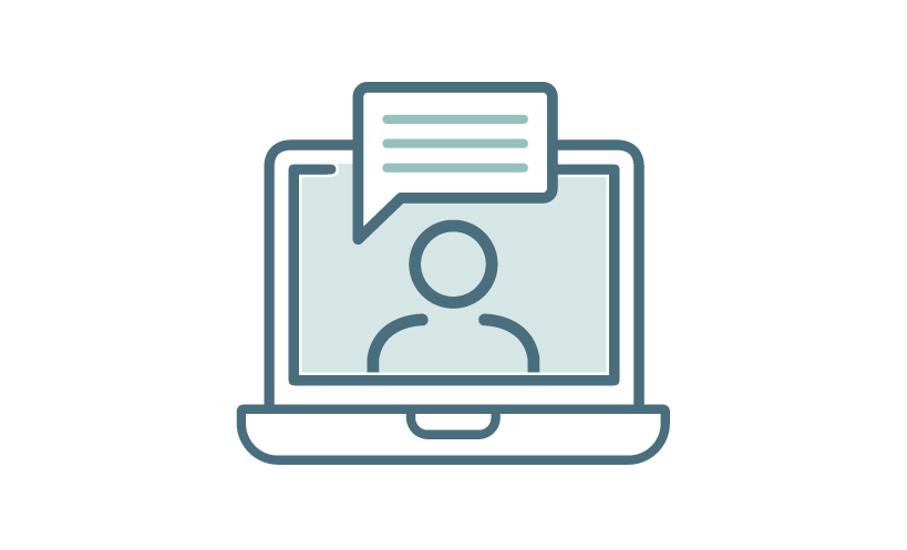Graphic of laptop with a person and chat box