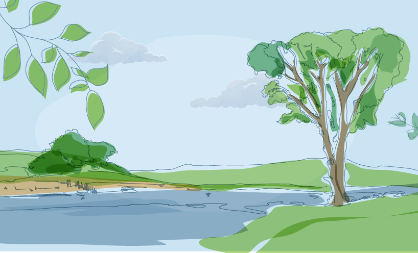 Image of lake with tree on bank to the right with a blue sky.